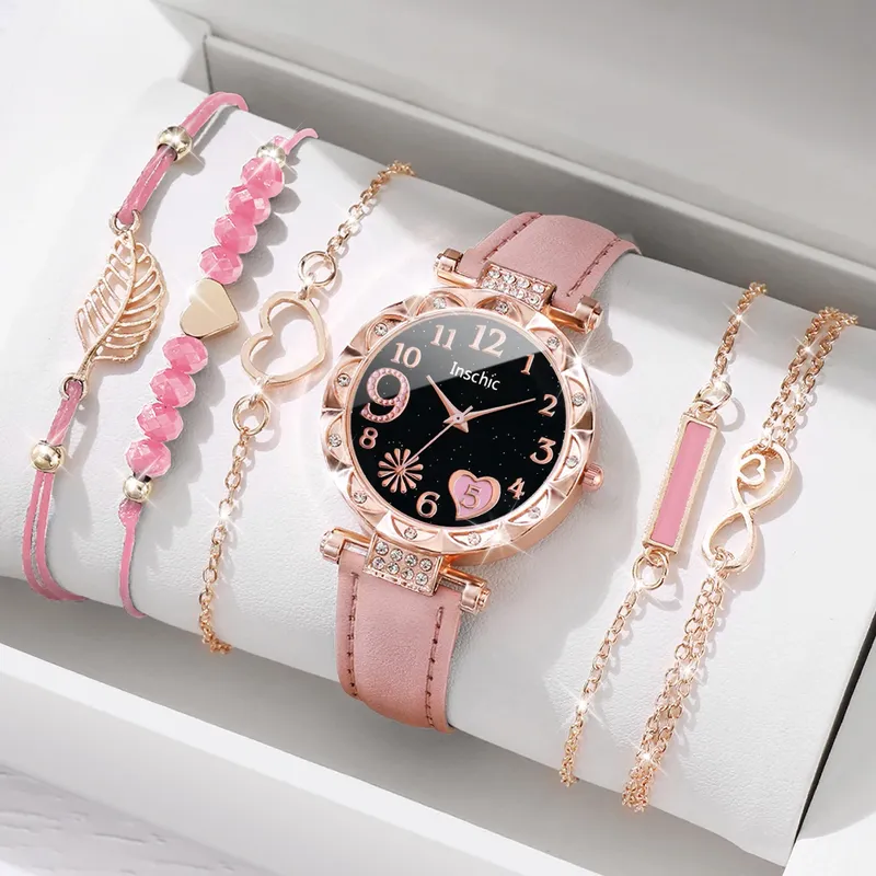 6 Teile/satz Mode Herz Zifferblatt frauen Uhr Casual Leder Band Analog Quarzuhr Blatt Armbänder Set (Ohne Box)