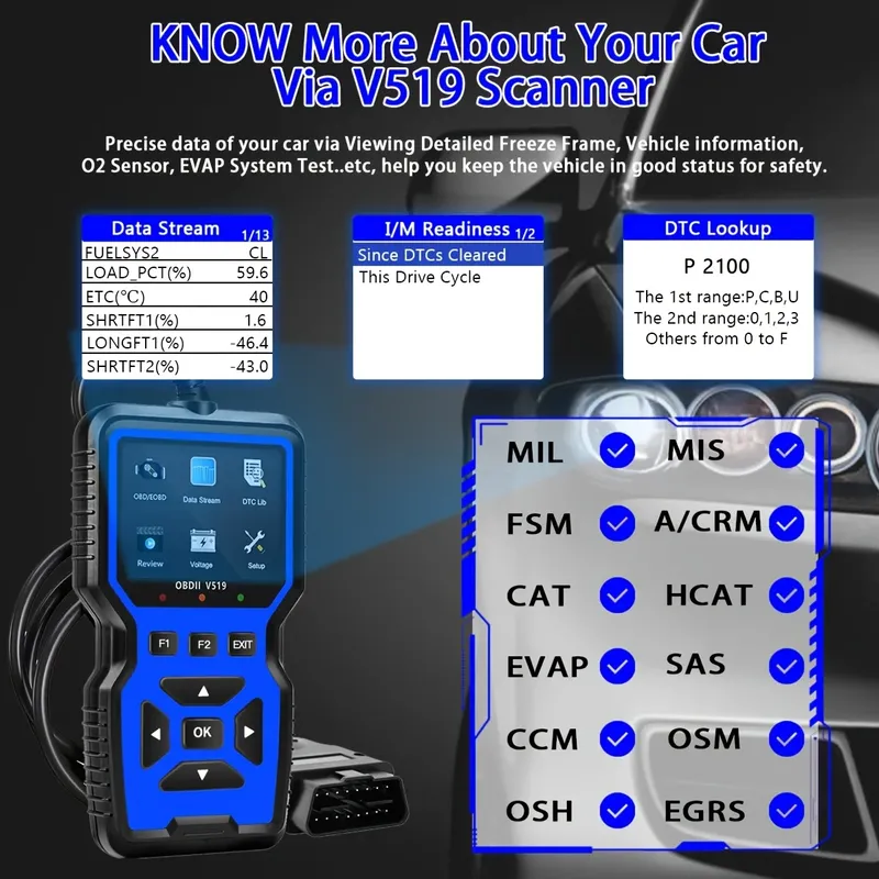 V519 Professioneller OBD2-Scanner mit Stromversorgung, Echtzeit-Datendiagnosetool zur Überprüfung von Motorlichtern in den meisten Autos
