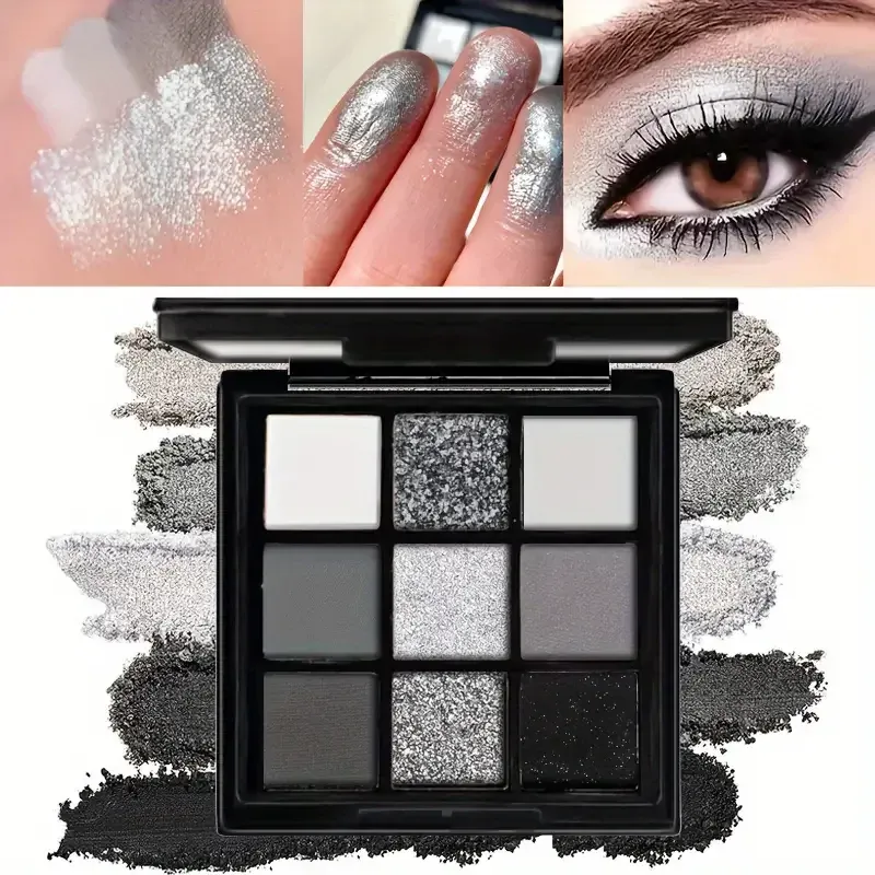 Neunfarbige Lidschatten-Palette, Make-up-Pinsel, rauchiges Make-up in Grau-Rosa, mattes, aufhellendes Make-up mit Perlglanz-Seidenraupe