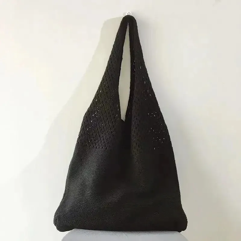 Neue Trend frauen Tasche Häkeln Handtasche Retro Gestrickte Geflecht Einfarbig Hohl Schwarz Khaki Top-griff Einkaufstasche shopper - 7.74 EUR