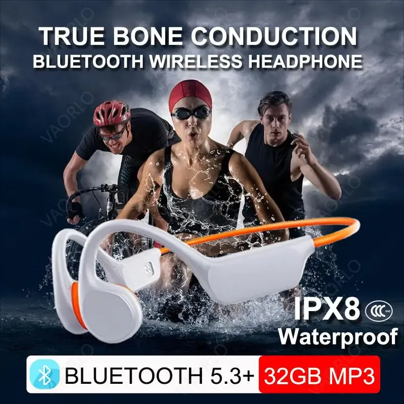 IPX8 Wasserdichter Knochenleitungskopfhörer zum Schwimmen und Tauchen, Bluetooth 5.3, Bass, kabelloses Headset, MP3-Player (32 G), Fitness, Radfahren, Ohrhörer, Tauchtiefe von 20 Metern,
