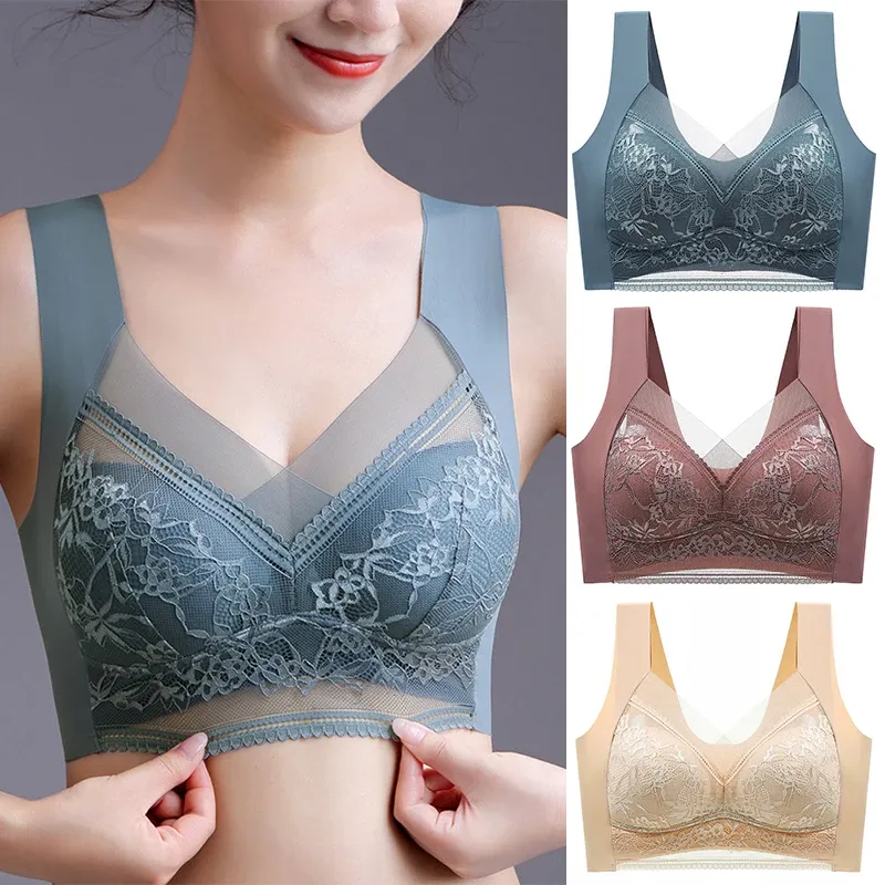 FallSweet Nahtloser Push-Up-BH aus Eisseide für Damen, kabelloses Spitzen-Bralette, Übergröße, Büstenhalter, Sommer-Komfort-Unterwäsche, Dessous