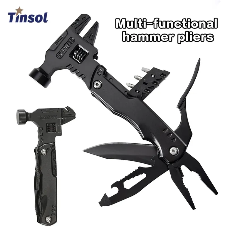 TINSOL Multifunktionswerkzeug-Zange, Mehrzweck-Klapphammer-Zange, Verstellbarer Schraubenschlüssel, Outdoor-Camping-Klappmesser-Zange