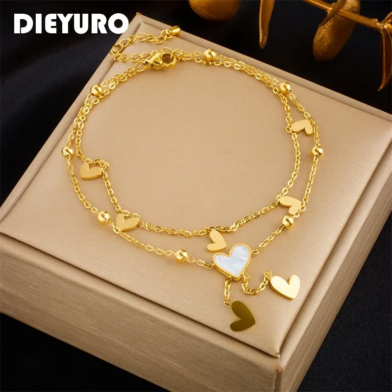 DIEYURO 316L Edelstahl Herz Liebe Fußkettchen Für Frauen Mädchen Neue Trend Multi-schicht Ketten Lichtecht Schmuck Geschenk party 2023