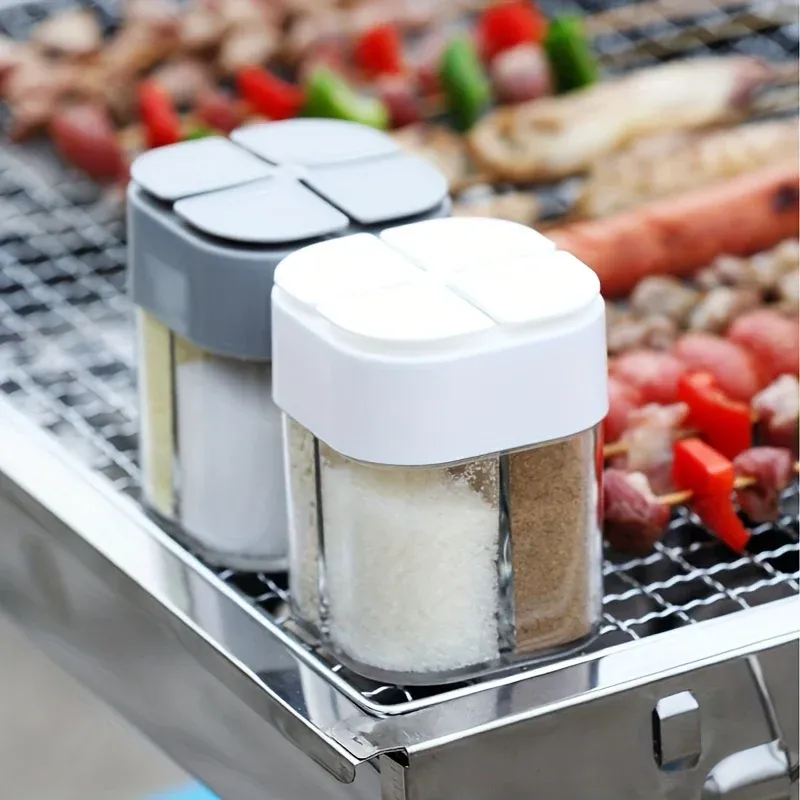 4-in-1-Camping-Gewürzstreuer, Mehrzweck-Gewürzglas mit Deckel, 4 Fächer, zum Grillen im Freien, Kochen, Salz, Pfeffer, Aufbewahrungsbox