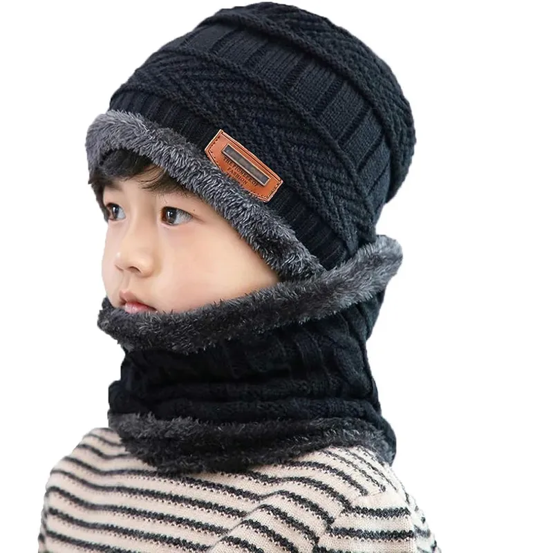 5-14 jahre Kinder Warme Gestrickte Hut Schal Set Kinder Herbst Winter Hut Weiche Gestrickte Kappe Motorhaube Infant Kinder hut Für Jungen Mädchen