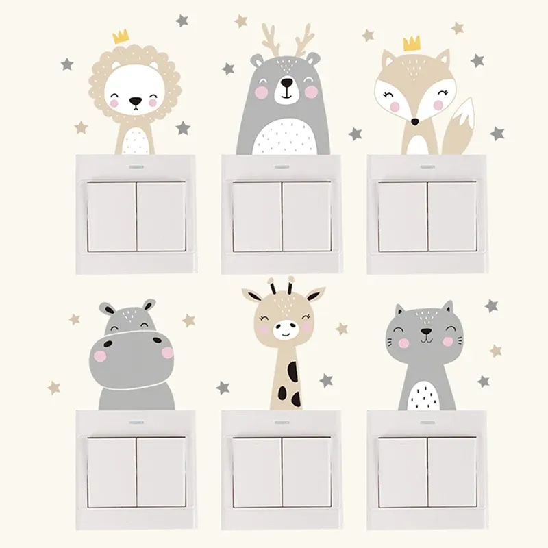 6 teile/satz Boho Farbe Nette Lächeln Cartoon Tiere Schalter Aufkleber für Wand Kinderzimmer Baby Kinderzimmer Wand Aufkleber Sterne wohnkultur
