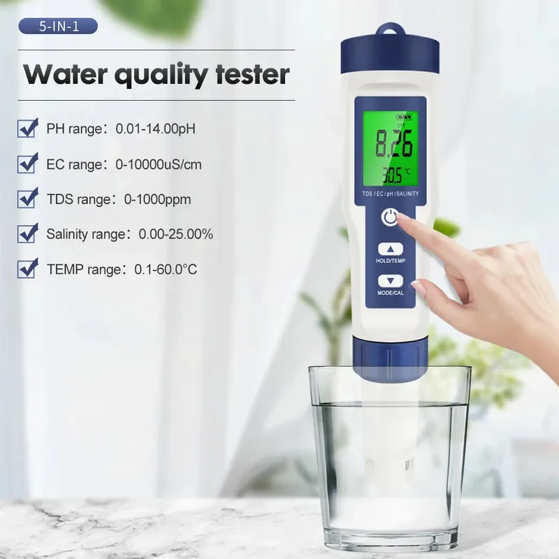 5-in-1 digitales PH-Messgerät TDS EC Salzgehalt Temperatur Tester Leitfähigkeitsmesser Filter Reinheit Wasserqualitätsdetektor