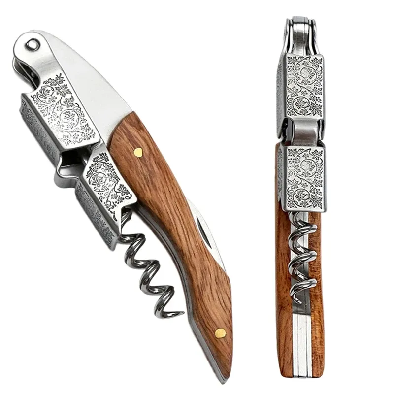 Korkenzieher für professionelle Kellner, Weinschlüssel mit ergonomischem Holzgriff, Bierflaschenöffner und Folienschneider