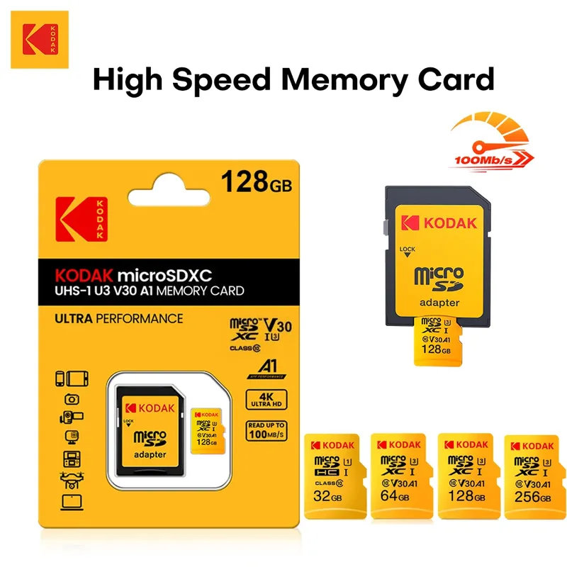 KODAK Micro SD Karte 256 GB Speicherkarte BIS ZU 100 MB/s C10 U3 32 GB 64 GB 128 GB TF Karte 4K HD Für USB Kartenleser Adapter Microsd