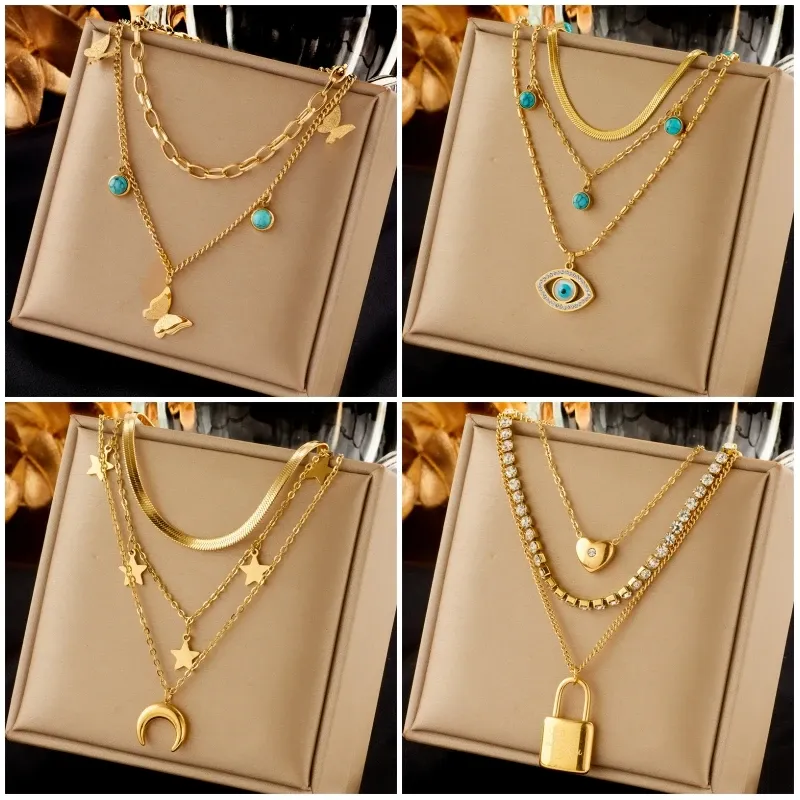 DIEYURO 316L Edelstahl Schmetterling Mond Schloss Blaue Augen Anhänger Halskette Für Frauen Neue Multilayer Halsband Kette Schmuck Geschenke