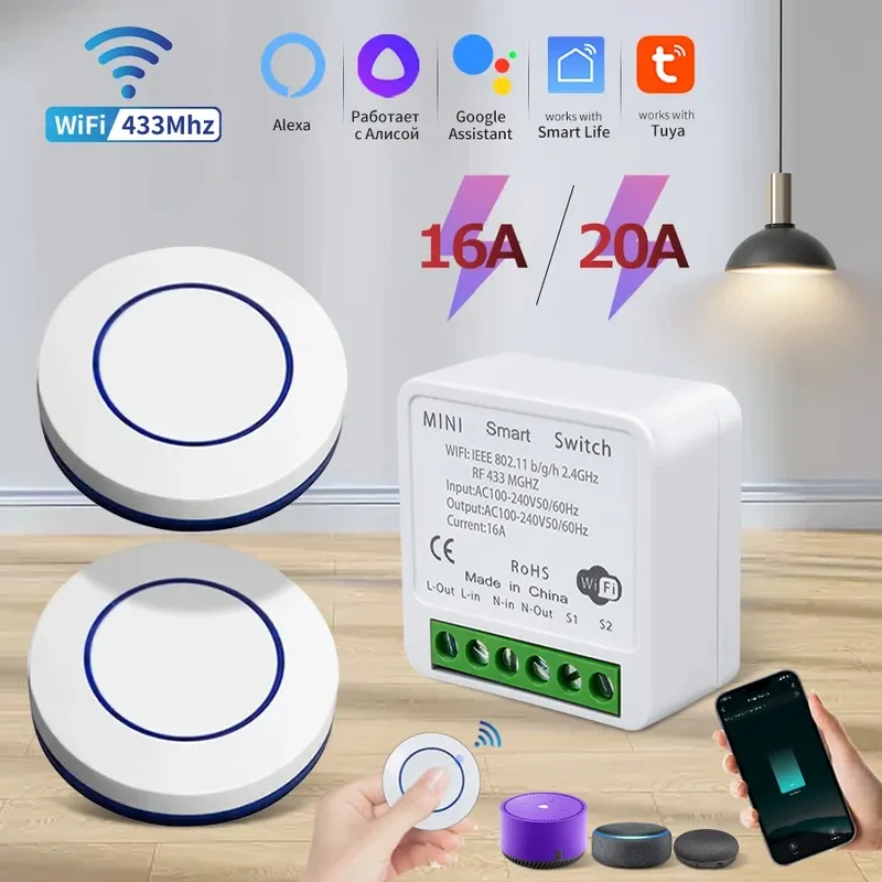 Tuya WLAN-Smart-Schalter 16A RF 433Mhz Drahtloser Relais-Empfänger Mini Runder Panel-Schalter Alexa Google Home Alice Sprachsteuerung