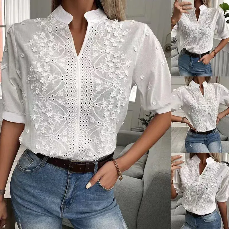 2026 Sommer Damen Elegante Kurzarm Weiße Bluse - Vintage Baumwolle Häkeln Ausgehöhlte Stickerei Tops Mode