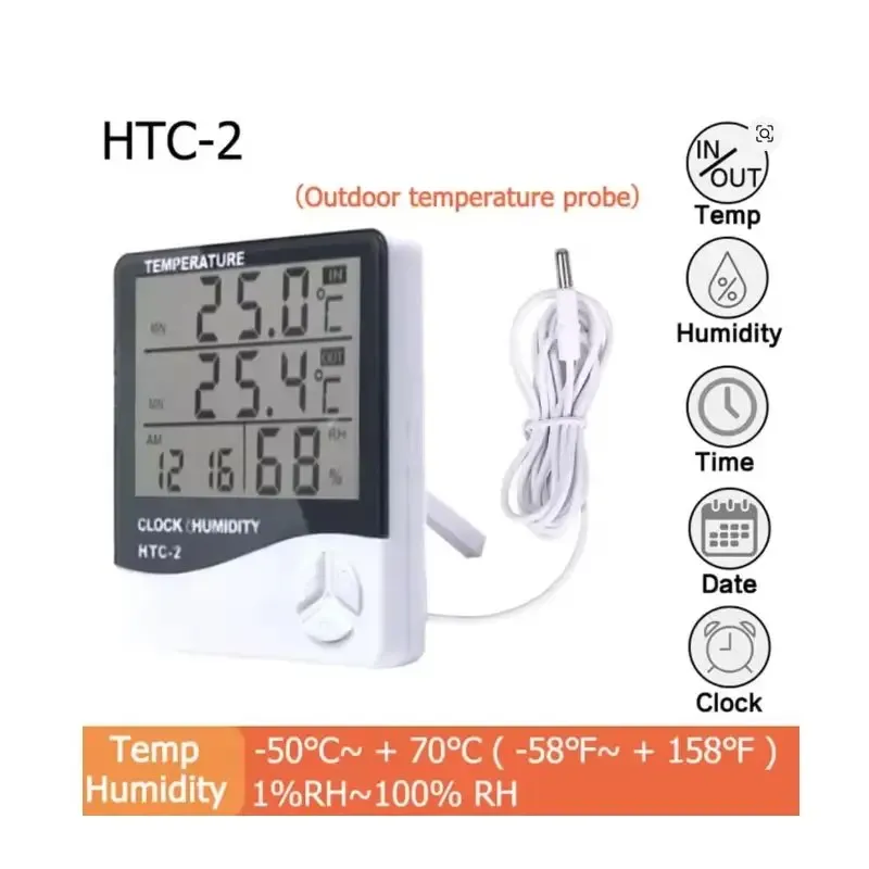 LCD-Digital-Temperatur-Feuchtigkeitsmesser HTC-2/HTC-1 Home Indoor Outdoor Hygrometer Thermometer Wetterstation mit Uhr