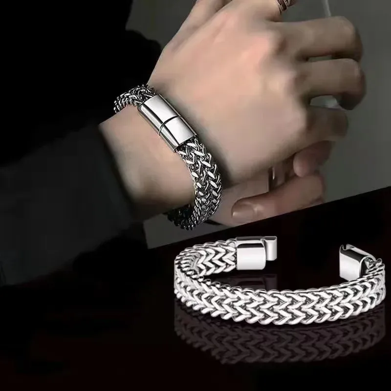 19/21/23 cm Hip-Hop-Edelstahlarmband Herren geflochtenes zweireihiges einfaches herrschsüchtiges High-End-Armband aus kubanischem Titanstahl