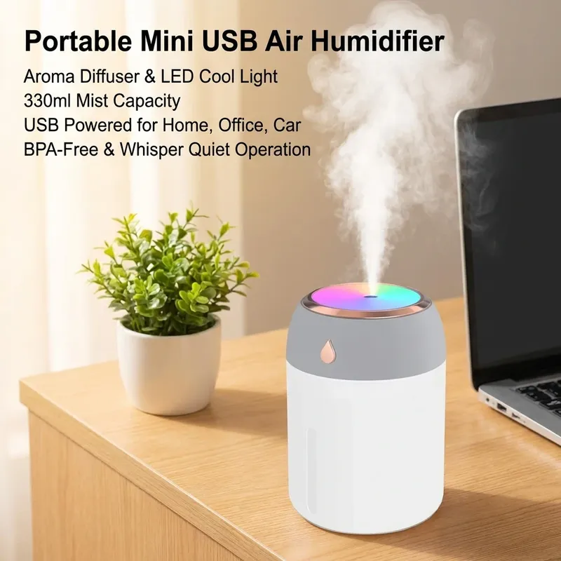 330ml Mini USB Luftbefeuchter Tragbarer Aroma-Diffusor mit LED-Kühllicht für Zimmer, Zuhause, Auto, Pflanzen, Nebelreiniger