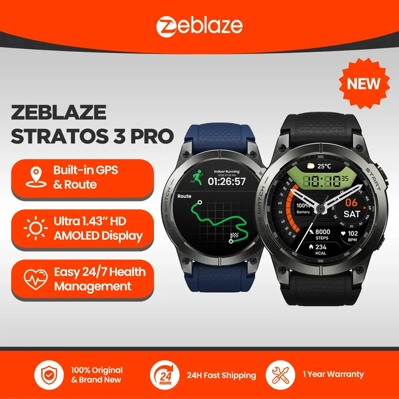 Neue Zeblaze Stratos 3 PRO GPS-Smartwatch, 1,43 Zoll HD AMOLED-Display, integrierte GPS-Bluetooth-Telefonanrufe, Sport-Smartwatch für Herren
