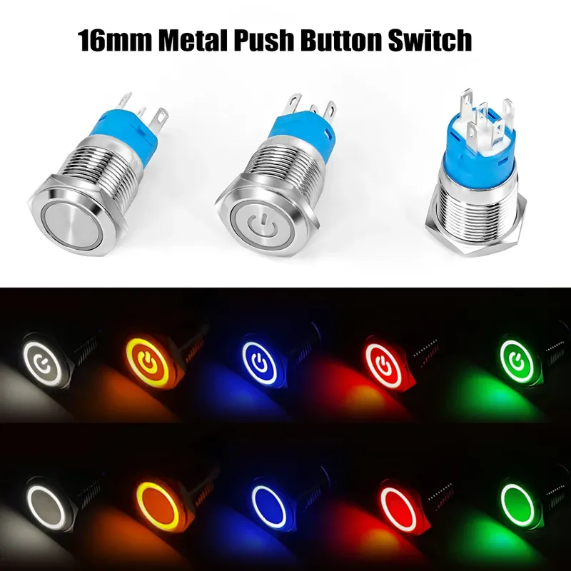 16 mm Metall-Drucktastenschalter, Ringlampe, Stromsymbol, wasserdichtes LED-Licht, selbstrückstellend/verriegelnd, EIN-AUS, kurzzeitiger Rastknopf