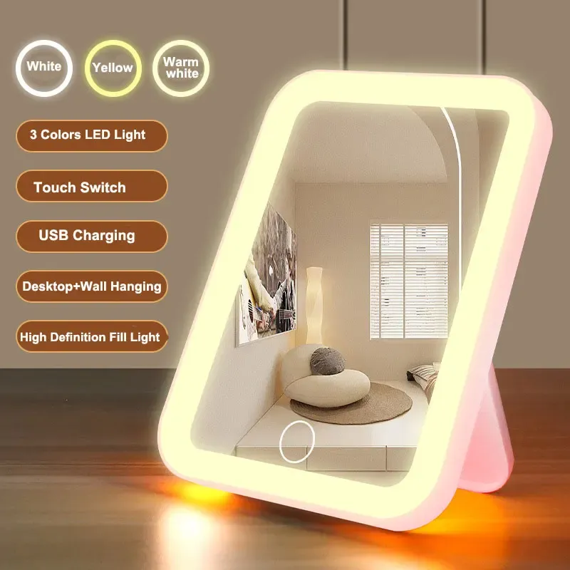 3-Farben-LED-Kosmetikspiegel mit Touchscreen, wiederaufladbar über USB, dimmbar, Make-up-Spiegel, 3 Helligkeiten, tragbar