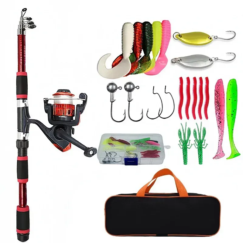 Angelruten-Set, komplette Kits mit Teleskop-Angelrute und Spinnrolle, Köder, Haken, Reise-Ruten-Set