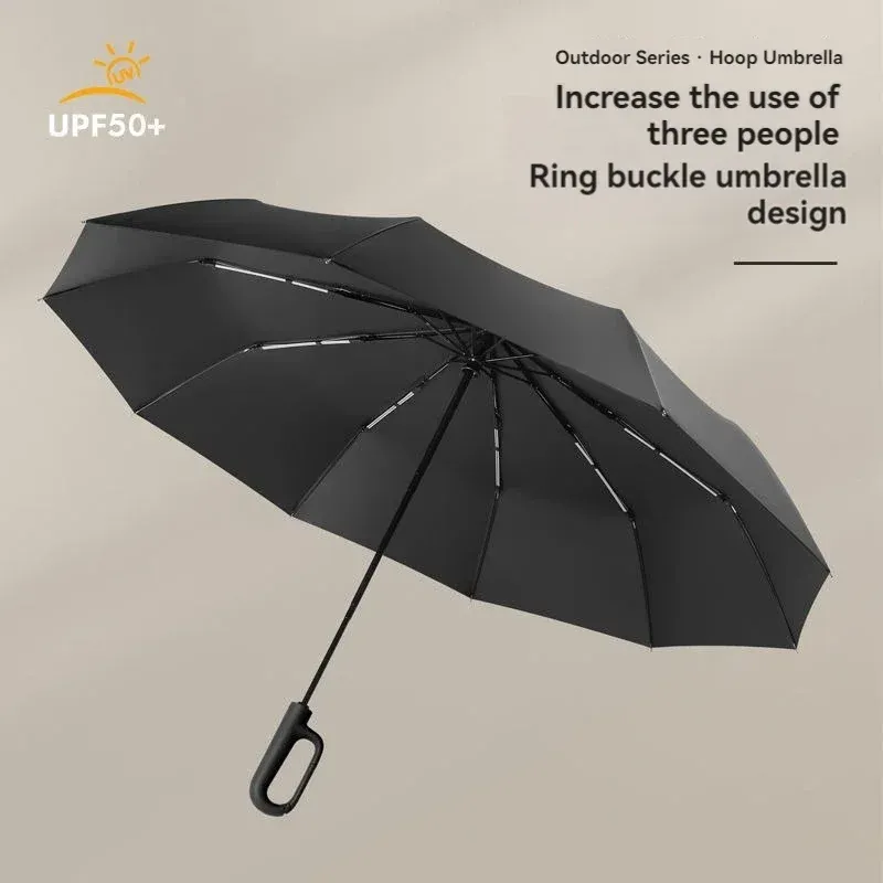 Vollautomatischer Regenschirm für Männer und Frauen mit Ringschnallendesign, große Rippe, starker Sonnenschutz, Doppelregenschirm, zusammenklappbar, kompakt