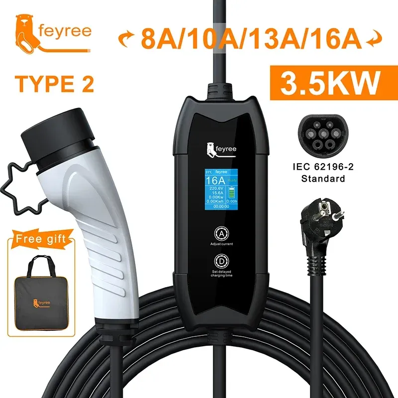 Feyree EV Tragbares Ladegerät Typ2/GB/T-Stecker, 16 A, 1 Phase, 3,5 kW, Typ 1, 3,5 m, Wallbox-Ladestation für Elektrofahrzeuge