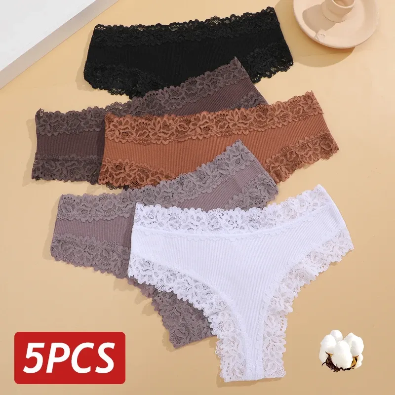 5 Teile/satz Frauen Spitze Nahtlose Baumwolle Höschen Sexy Brasilianische Hosen Rippen Atmungsaktive Mädchen Unterwäsche Weiche Plus Größe Dessous S-XL