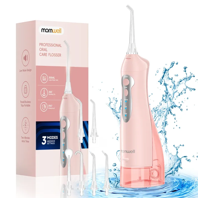 Mornwell Neuester D52 Wasserflosser, Wiederaufladbarer Tragbarer Mundduschenreiniger, 300ml, 4 Düsen, Wasserdichter Zahnreiniger