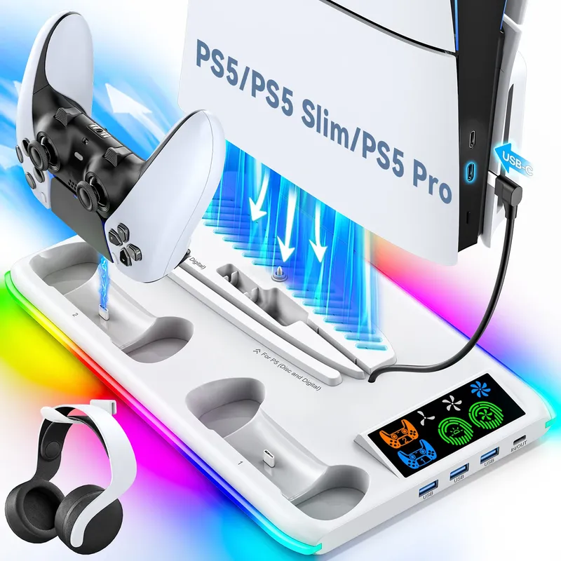 für PS5/PS5 Slim/PS5 Pro Ständer mit Kopfhörerhaken, Kühlständer und Controller-Ladestation für PS5 mit 3-stufigem Lüfter