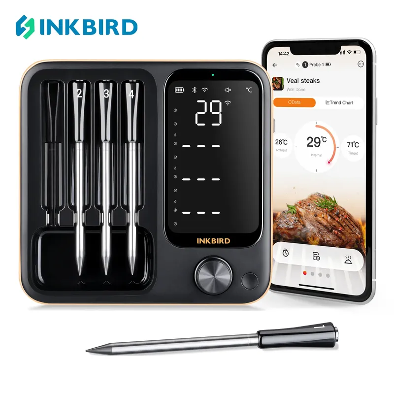 INKBIRD INT-14-BW Drahtloses Grillthermometer mit drei Modi und 4 Sonden, IP67 wasserdichtes WiFi-Bluetooth-Fleischthermometer für Grillofen