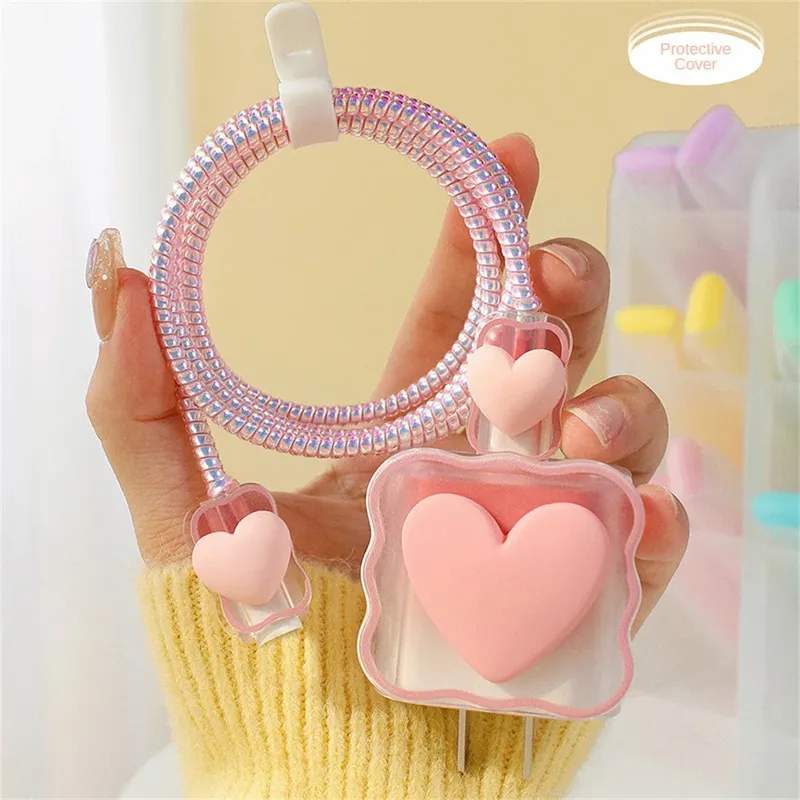 4 in 1 Love Heart Ladegerät Kabels chutz hülle für iPhone 15 14 11 16 18w 20w Ladekopf Schutzhülle Wickler Zubehör