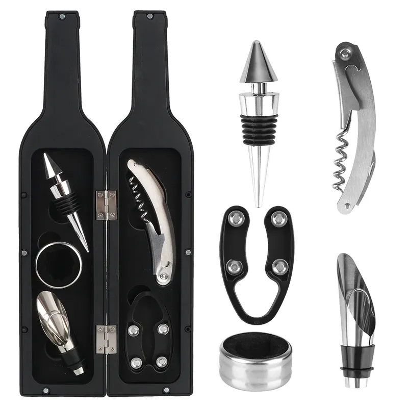 5-teiliges Flaschenförmiges Gehäuse mit Tropfring, Folienschneider, Weinausgießer und Stopfen, Weinöffner-Zubehör-Set aus Edelstahl