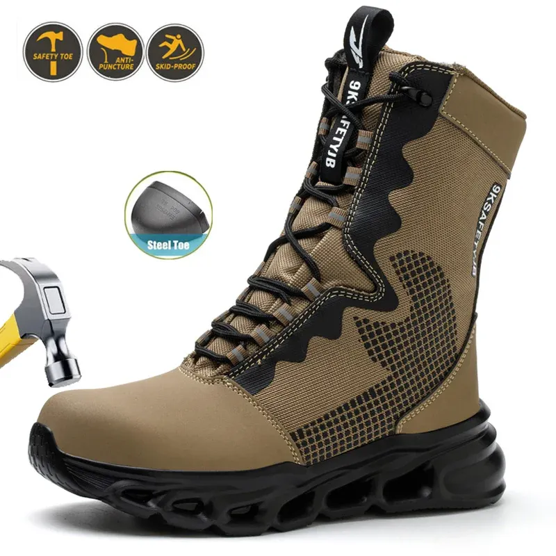 Bau-Arbeitsstiefel für Herren, hohe Sicherheitsschuhe mit Stahlkappe, rutschfest, pannensicher, Gummi-Arbeitsstiefel, unzerstörbarer Kampfstiefel
