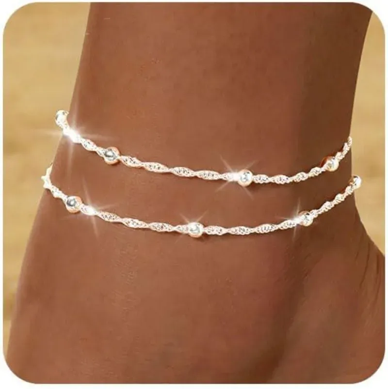Wasserdichte Gold-Silber-Knöchelarmbänder für Damen, 14 Karat vergoldeter Edelstahl, doppellagige Fußkettchen mit gedrehten Perlen für Mädchen