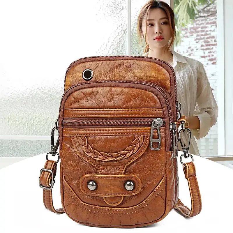 Multifunktionale weiche Leder kleine Umhängetasche für Frauen Vintage Umhängetasche Geldbörse Handy Baga Handtasche Geldbörse