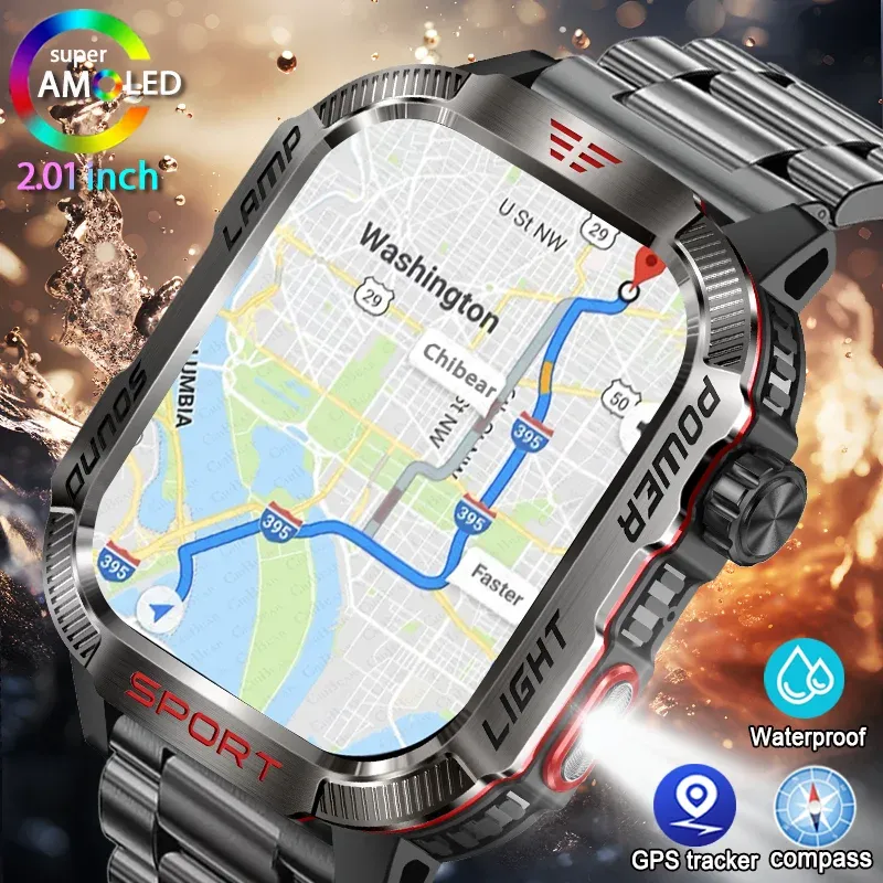 Neue Militär GPS Smart Uhr Männer Taschenlampe Kompass Wasserdichte 600 mAh Batterie Outdoor Sport Tracker Bluetooth Anruf Smartwatch