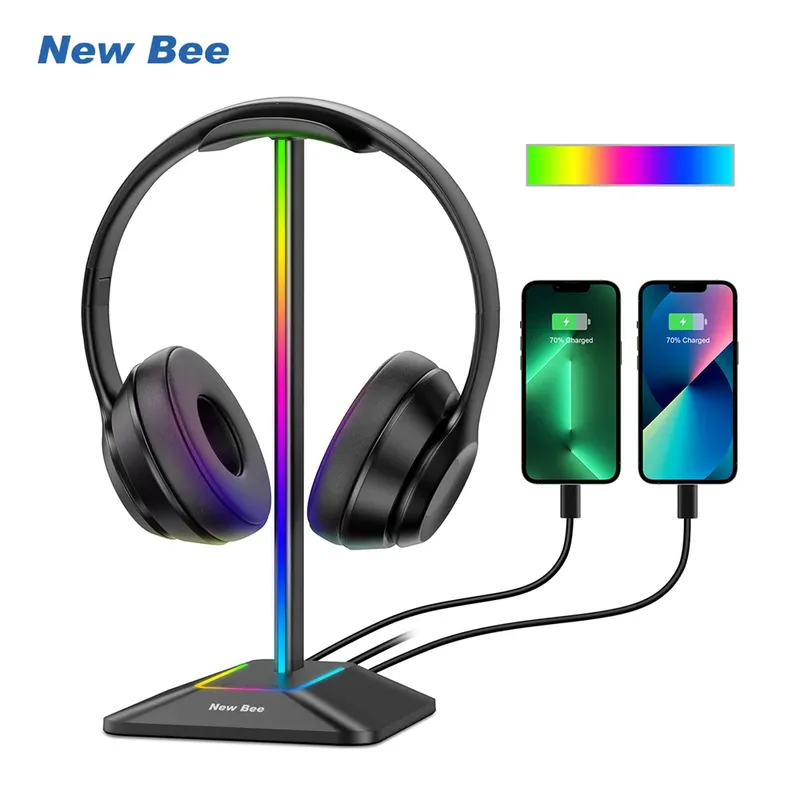 Neuer Bee Z8 RGB-Kopfhörerständer mit 2 USB-Anschlüssen, Schreibtisch-Gaming-Headset, cooler Display-Halter, rutschfeste Gummiunterseite für Gamer