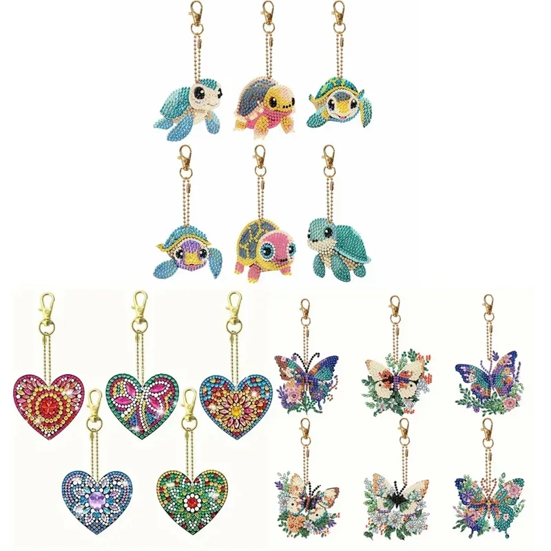 6 teile/satz DIY Schlüsselanhänger Diamant Kunst Schmetterling Kits Doppelseitige Kristall Strass Herz Diamant Malerei Schlüsselanhänger für Erwachsene