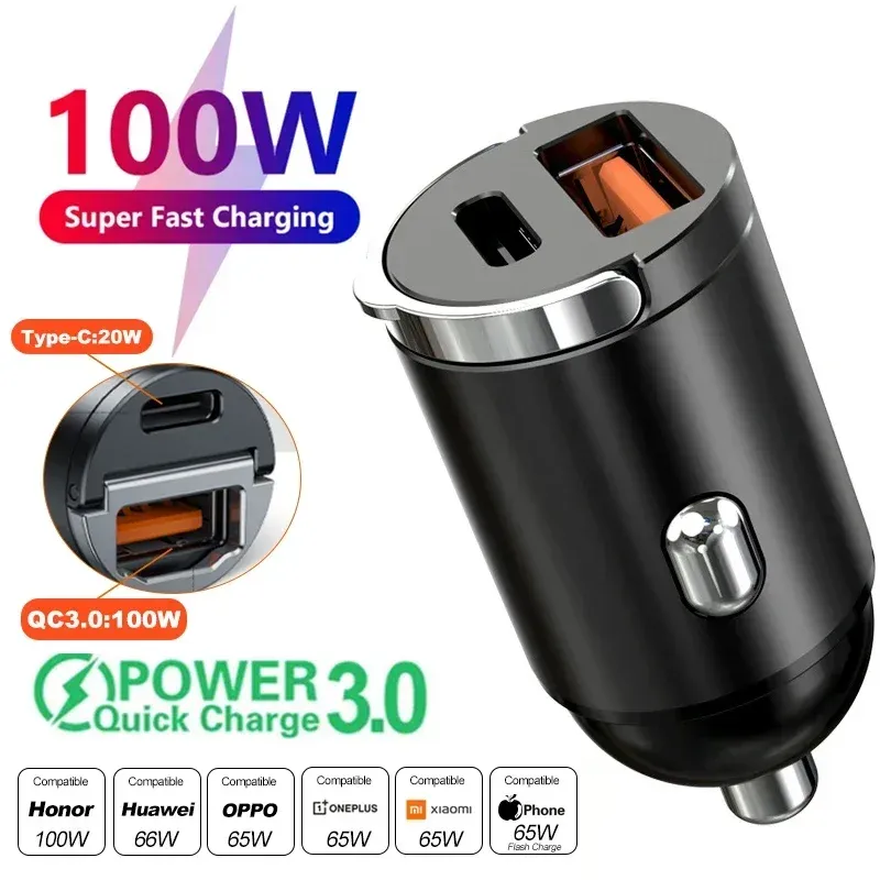 Mini 100W PD QC Pull-Ring-Schnellladegerät fürs Auto, USB-C-Autoladegerät-Adapter für iPhone 13 12 Xiaomi Samsung Huawei