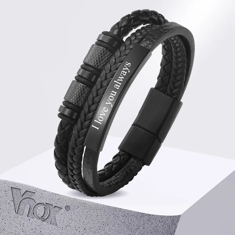 Vnox 3 Schichten schwarz pu Leder armbänder für Männer, gewebtes Leder armband, kostenlose personal isierte Edelstahl Armreif Geschenk für ihn