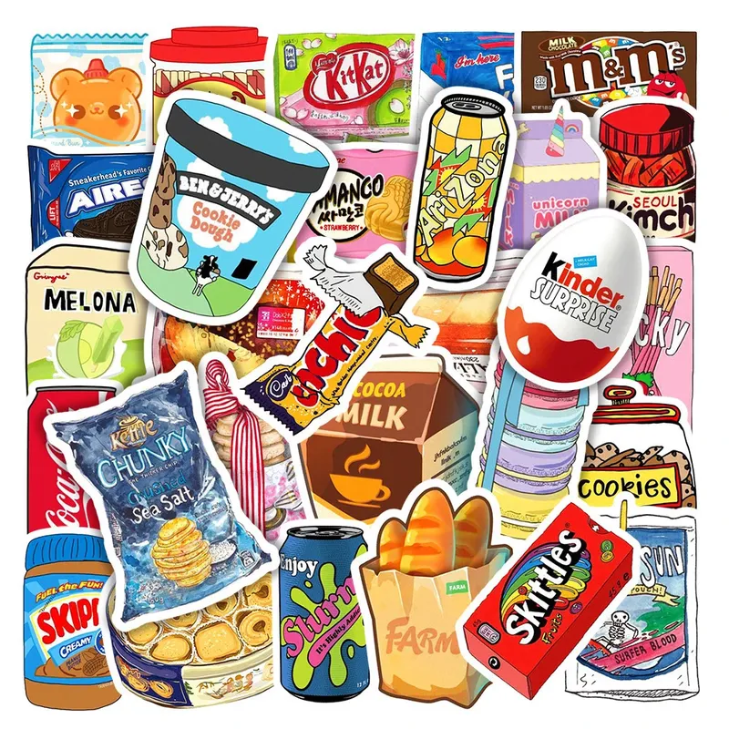 10/30/50 stücke Kawaii Cartoon Snack Lebensmittel Aufkleber Verpackung Wasserdichte Graffiti Laptop Telefon Fahrrad Nette DIY Aufkleber Aufkleber spielzeug