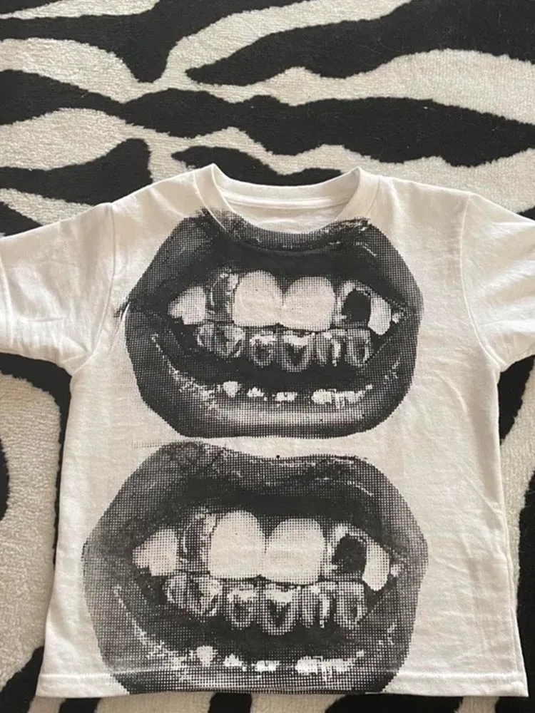 Punk Y2K Baby Kurzarm Top Gothic Street T-Shirt Damen Freizeit Basic T-Shirt Damen 2024 Sommer Top E Mädchen Gothic EMO