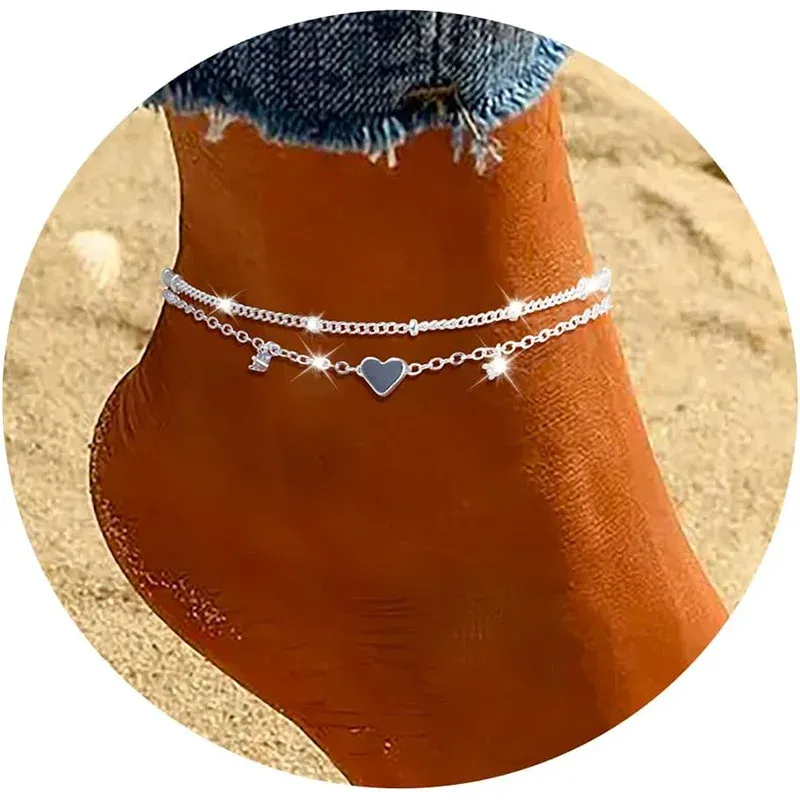 Fußkettchen mit 925er Silber überzogen, CZ, für Damen und Mädchen, trendig, neu, wasserdicht, Herz-Charm, zierliche Schichtkette, Fußkettchen, Schmuck, Geschenke