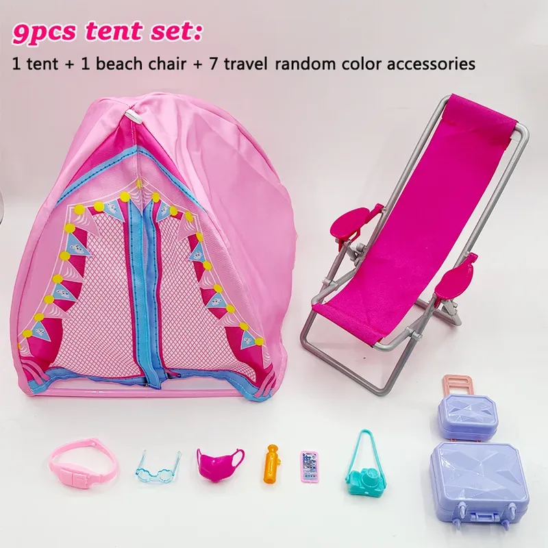 9Pcs Zelt Strand Stuhl Reise Zubehör Mode Spielhaus Spaß Camping Spiel Puppe Zubehör Spielzeug für Kinder Weihnachten Geschenk