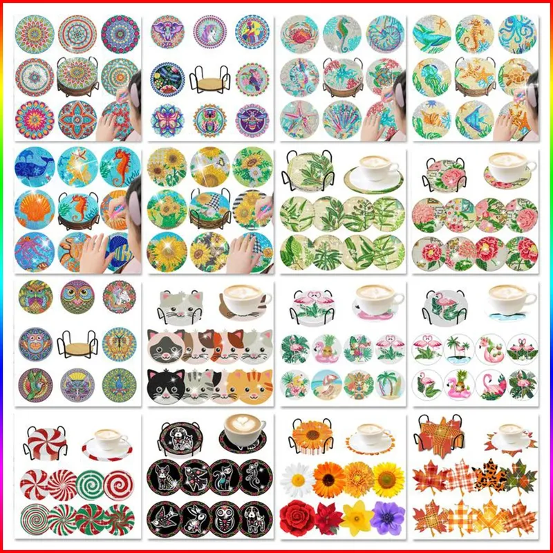 GLOBAL 8 Stück/Set DIY Diamantmalerei Untersetzer Tierbecher Kissen für Getränke Kristall Strass Diamant Kunst Untersetzer mit Halter
