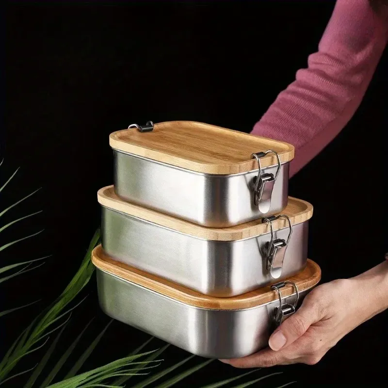 Neue Lunchbox mit Bambusdeckel aus Edelstahl 304, Konservierungsbox im japanischen Stil, Lunchbox, Lunchbox, Lunchbox, Lebensmittelaufbewahrungsbox