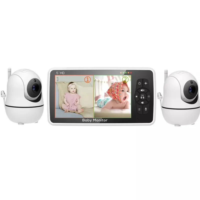 5-Zoll-Video-Babyphone mit zwei Kameras und Audio, Nachtsicht, 4x Zoom, 1000ft Reichweite 2-Wege-Audio-Temperatursensor Wiegenlied