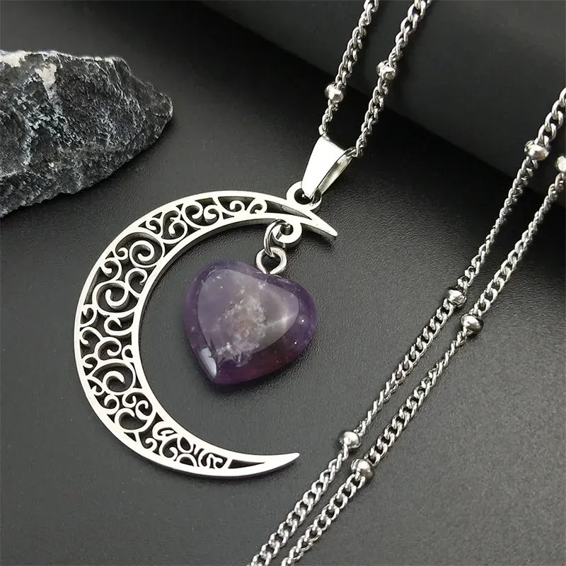 Hexerei Hexe Crescent Moon Edelstahl Lila Kristall Kette Halskette Frauen Silber Farbe Halskette Schmuck Collares N6327