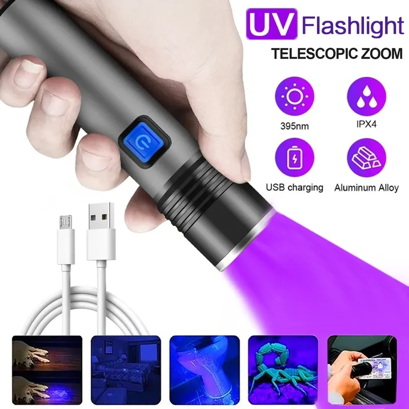 USB wiederaufladbare 365 nm UV-Taschenlampe, Aluminium, tragbare UV-Licht-Taschenlampe, Schwarzlicht, Haustier-Urin-Detektor, schwarze Taschenlampen