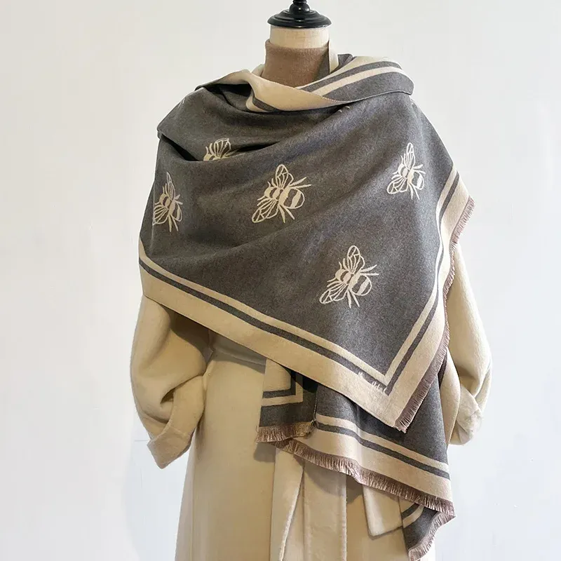 Luxusmarke zweiseitige Bienen Schal Nachahmung Kaschmir weiche warme Fransen Pashmina Schal Winter kälte dicht wind dicht Decke Schal